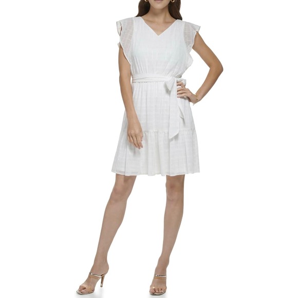 Dkny Dresses & Skirts - DKNY Flutter Sleeve Tiered Dress Womens 8 White Lurex Shimmer  V-Neck Flowy